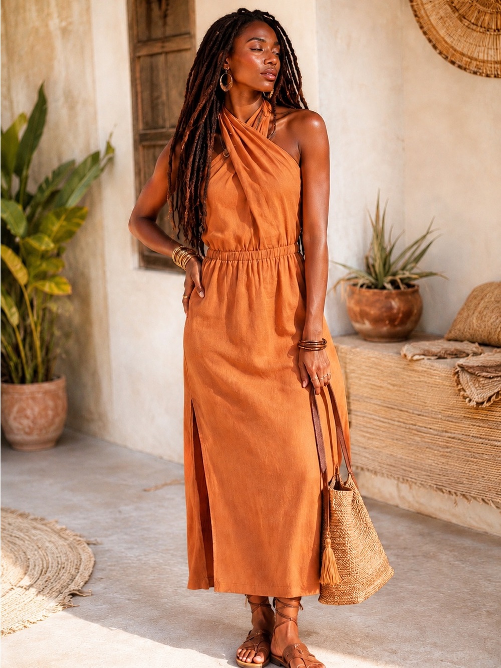 Anthropologie Cloth & Stone 100% Linen Cross Halter Midi Dress Tan Brown XS